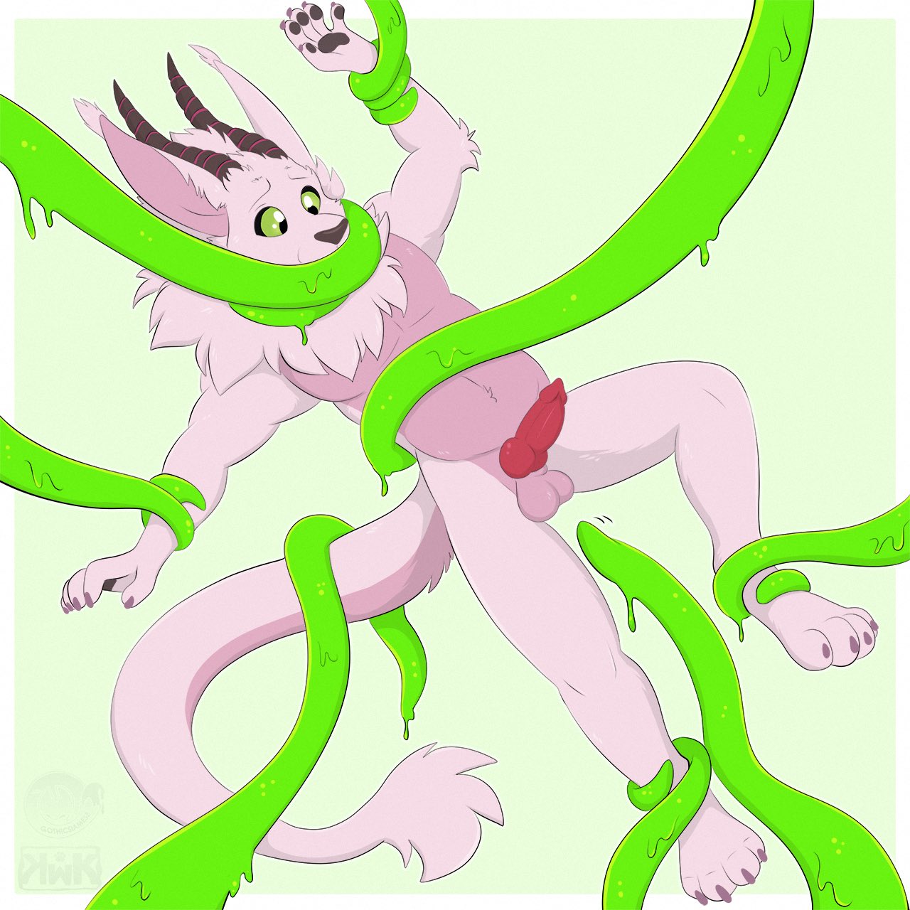 1:1 balls bandai_namco canid claws digimon digimon_(species) dragon fur furred_dragon genitals gothicsiamese green_eyes hi_res horn knot magnadramon magnus_(rascoe_k) male mammal musclegut penis pink_body pink_fur pink_skin plant pose tentacles