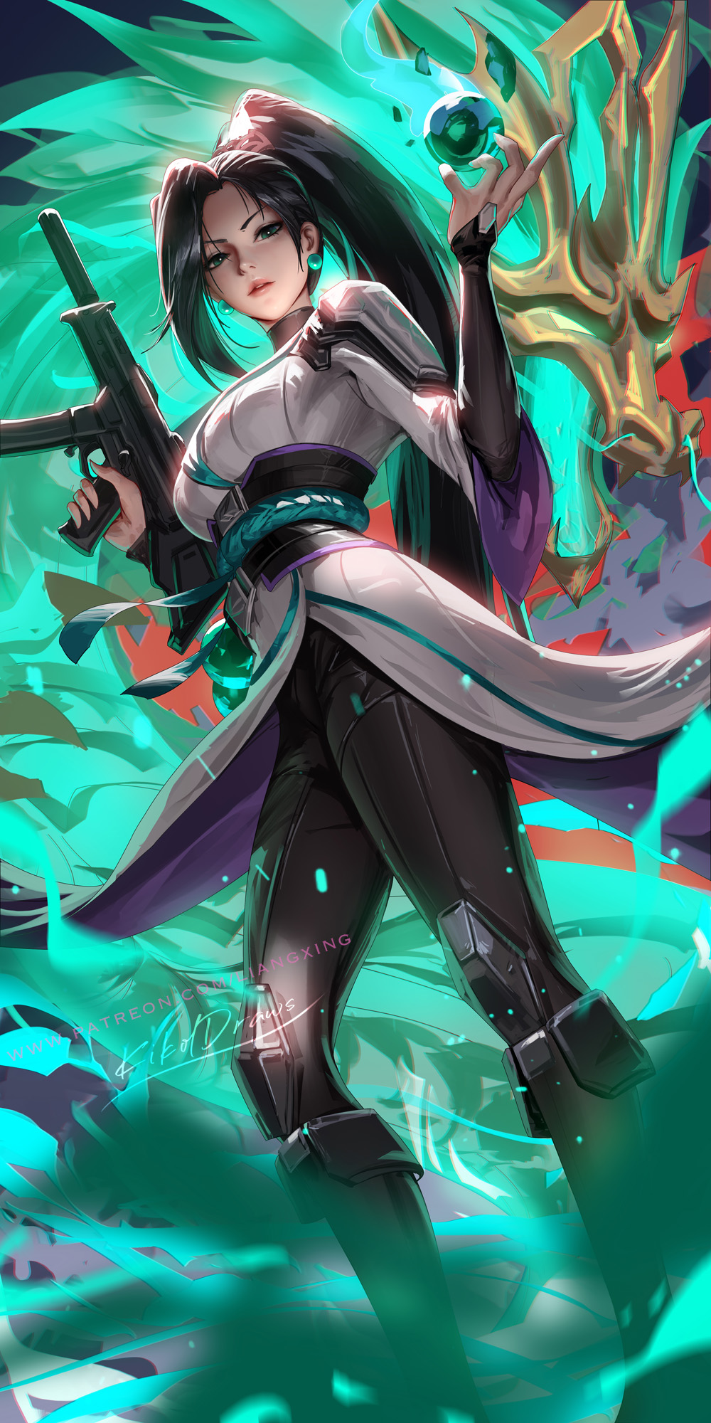 1girl black_hair breasts dutch_angle earrings green_eyes grey_robe gun highres holding holding_gun holding_orb holding_weapon jewelry liang_xing lips long_hair looking_at_viewer medium_breasts pearl_earrings ponytail robe sage_(valorant) signature solo valorant very_long_hair weapon web_address