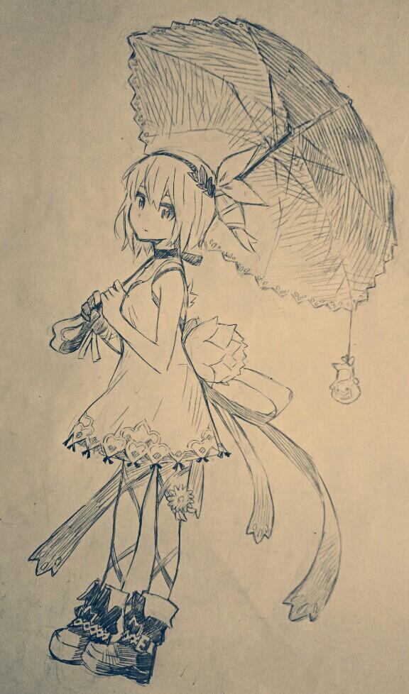 1girl boots choker dress edna_(tales) flower from_side full_body greyscale hairband holding looking_at_viewer monochrome parasol short_hair simple_background sleeveless sleeveless_dress solo tales_of_(series) tales_of_zestiria tobi_(daidaikukan) traditional_media umbrella