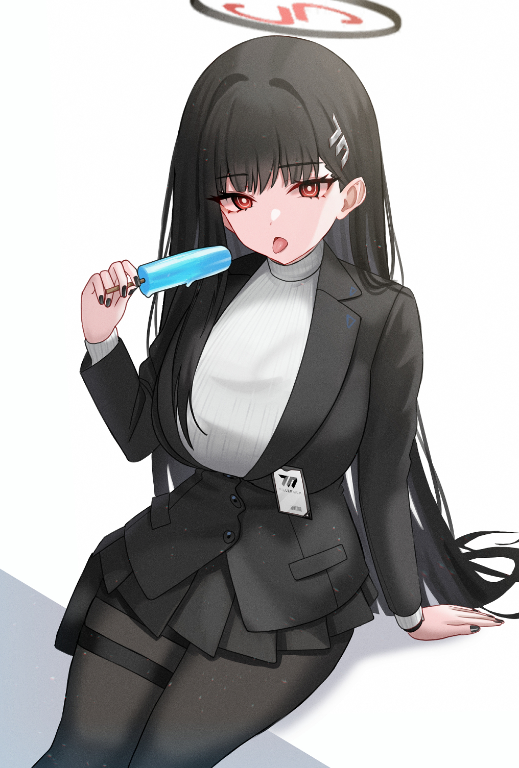 1girl black_hair black_jacket black_nails black_pantyhose black_skirt blazer blue_archive breasts bright_pupils food hair_ornament hairclip halo highres holding holding_food holding_popsicle holster jacket large_breasts long_hair long_sleeves mijikayo miniskirt nail_polish pantyhose pleated_skirt popsicle red_eyes ribbed_sweater ringed_eyes rio_(blue_archive) sexually_suggestive skirt solo sweater thigh_holster tongue tongue_out turtleneck turtleneck_sweater white_pupils