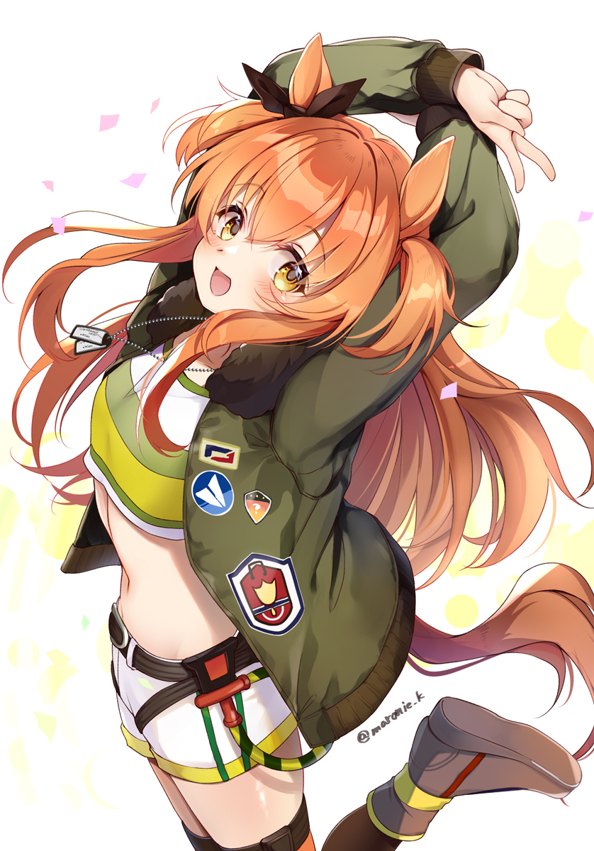 1girl animal_ears arms_up bomber_jacket breasts dog_tags hair_between_eyes hair_ornament highres horse_ears horse_girl horse_tail jacket looking_at_viewer maronie. mayano_top_gun_(umamusume) midriff open_mouth orange_eyes orange_hair petals shoes shorts simple_background small_breasts solo tail thighhighs twitter_username umamusume v white_background yellow_eyes