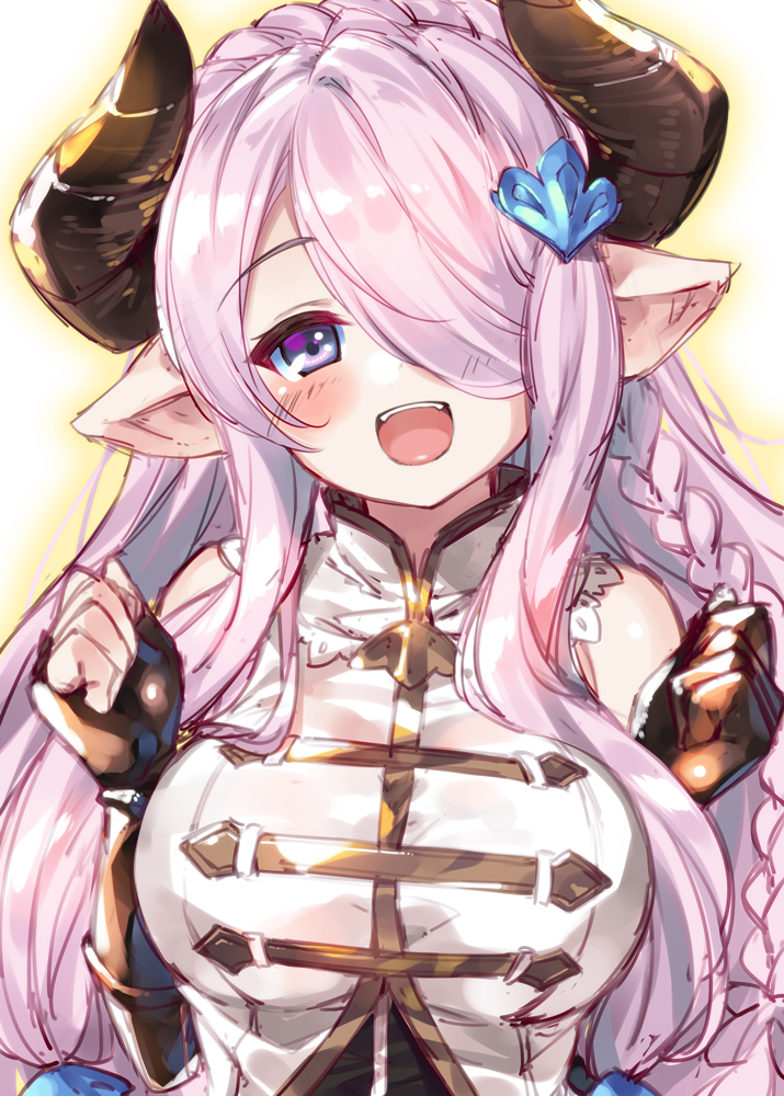 1girl blush braid breasts bucchake_(asami) draph granblue_fantasy horns large_breasts long_hair looking_at_viewer narmaya_(granblue_fantasy) one_eye_covered open_mouth pointy_ears purple_eyes purple_hair shirt side_braid single_braid sleeveless smile solo white_shirt