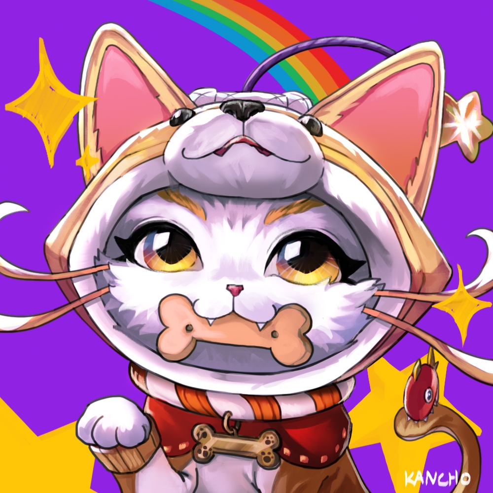 animal animal_costume battle_principal_yuumi biting cat dog_costume fangs fish food hood hood_up kancho_(kan_cho) league_of_legends no_humans orange_eyes paw_up purple_background rainbow shiba_yuumi star_(symbol) tail tail_biting yuumi_(league_of_legends)