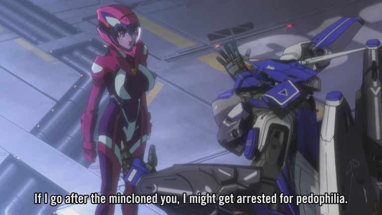 bodysuit fansub giantess helmet klan_klein macross macross_frontier mecha meltrandi mikhail_buran pilot_suit screencap spacesuit subtitled truth vf-25 zentradi