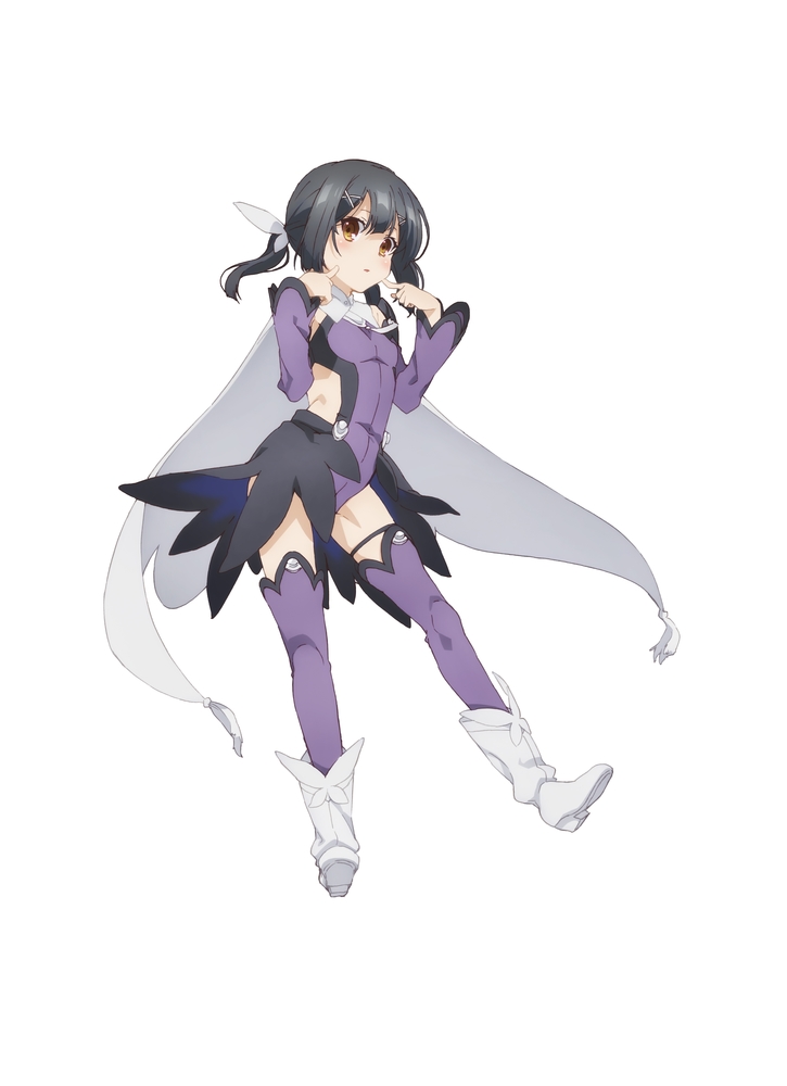 1girl bare_shoulders black_hair blush boots breasts brown_eyes detached_sleeves fate/kaleid_liner_prisma_illya fate_(series) full_body gloves hair_between_eyes hair_ornament hairclip leotard long_hair long_sleeves miyu_edelfelt official_art purple_leotard purple_sleeves purple_thighhighs simple_background small_breasts solo thighhighs thighs white_gloves x_hair_ornament zettai_ryouiki