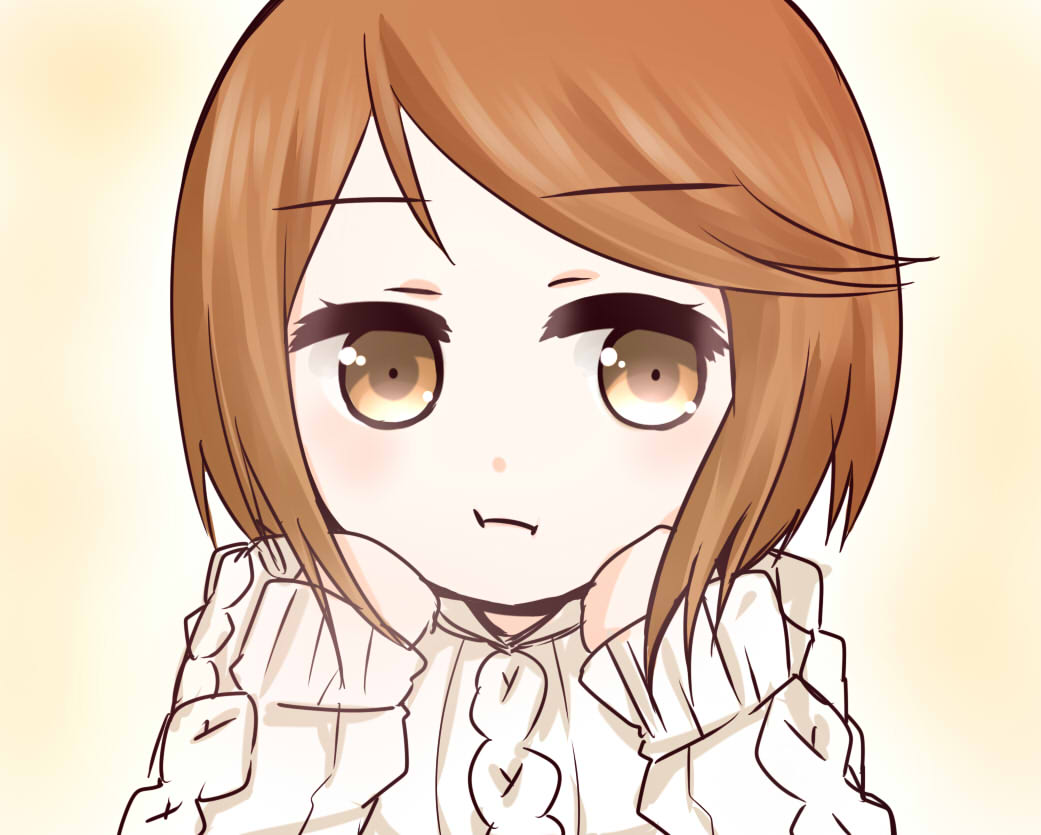 1girl aran_sweater brown_background brown_eyes brown_hair cable_knit child closed_mouth commentary_request dot_nose hands_up i.u.y kinuhata_saiai light_blush long_hair looking_at_viewer medium_hair solo sweater toaru_majutsu_no_index upper_body white_sweater