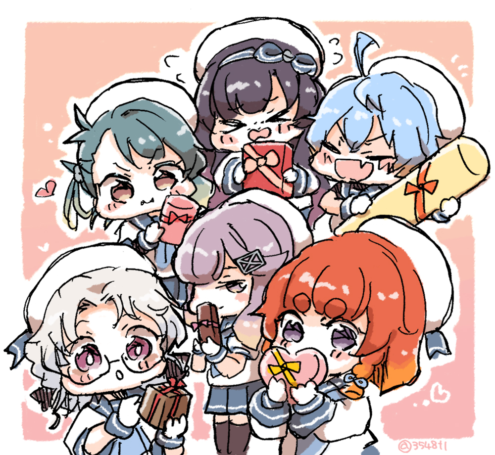 6+girls ahoge black_hair black_thighhighs blue_hair blue_neckerchief blue_sailor_collar blue_skirt box brown_eyes closed_eyes etorofu_(kancolle) fang fukae_(kancolle) gift gift_box glasses gradient_hair hat hirato_(kancolle) kantai_collection long_hair matsuwa_(kancolle) miko_(35nikomi) multicolored_hair multiple_girls neckerchief pleated_skirt purple_eyes purple_hair sado_(kancolle) sailor_collar sailor_hat school_uniform serafuku shirt short_hair skin_fang skirt thick_eyebrows thighhighs tsushima_(kancolle) tube white_hair white_headwear white_shirt