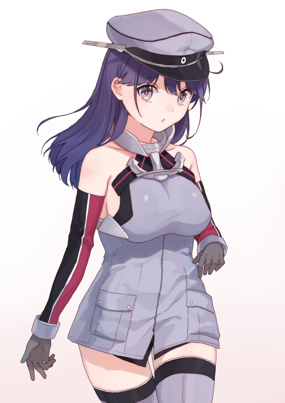 1girl bare_shoulders bismarck_(kancolle) bismarck_(kancolle)_(cosplay) black_gloves black_hair breasts brown_eyes cosplay cowboy_shot detached_sleeves gloves gradient_background grey_headwear grey_thighhighs hat kantai_collection large_breasts long_hair looking_at_viewer military_uniform mitsuyo_(mituyo324) peaked_cap solo thighhighs uniform ushio_(kancolle)