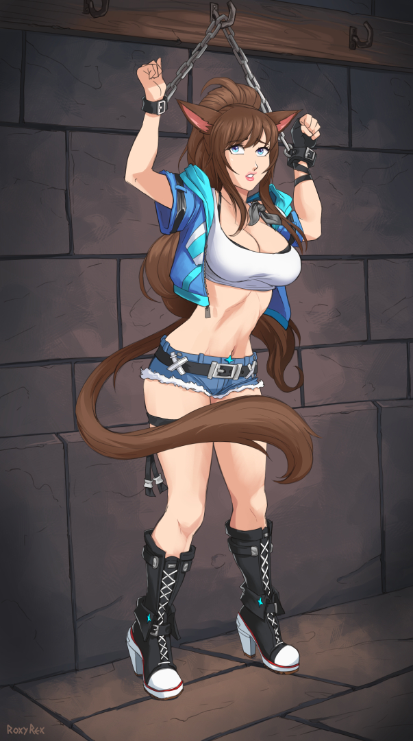 1girl animal_ears arms_up bdsm belt black_belt blue_eyes bondage boots bound breasts brown_hair cat_ears cat_girl cat_tail chain chained_wrists cleavage commission cropped_jacket cuffs cutoffs dungeon english_commentary final_fantasy final_fantasy_xiv fingerless_gloves full_body gloves high_heel_boots high_heels jacket krystal_ka'andi large_breasts long_hair looking_at_viewer miqo'te navel open_clothes open_jacket restrained roxy_rex short_shorts shorts single_fingerless_glove stone_floor stone_wall tail thigh_strap warrior_of_light_(ff14)