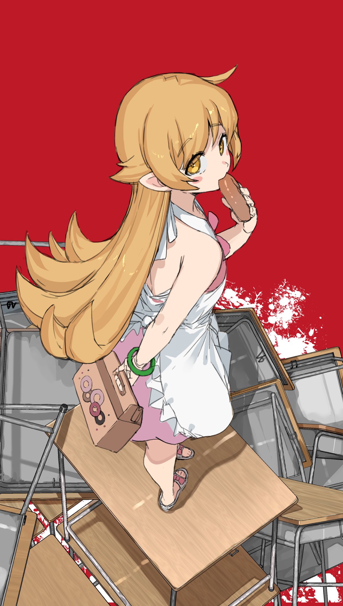 1girl backless_dress backless_outfit blonde_hair blush box bracelet breasts desk doughnut dress eating facing_away food full_body highres holding holding_box holding_doughnut holding_food jewelry long_hair looking_at_viewer looking_back monogatari_(series) on_desk oshino_shinobu pointy_ears ranf red_background sandals small_breasts solo standing standing_on_desk white_dress yellow_eyes