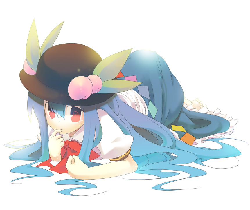 1girl ass barefoot black_headwear blue_hair blue_skirt bow bowtie collared_shirt commentary_request finger_in_own_mouth frilled_skirt frills full_body hair_between_eyes hair_spread_out hinanawi_tenshi leaf_hat_ornament long_hair looking_at_viewer lying peach_hat_ornament red_bow red_bowtie red_eyes shirt short_sleeves skirt solo touhou very_long_hair white_background white_shirt yuzuki_gao