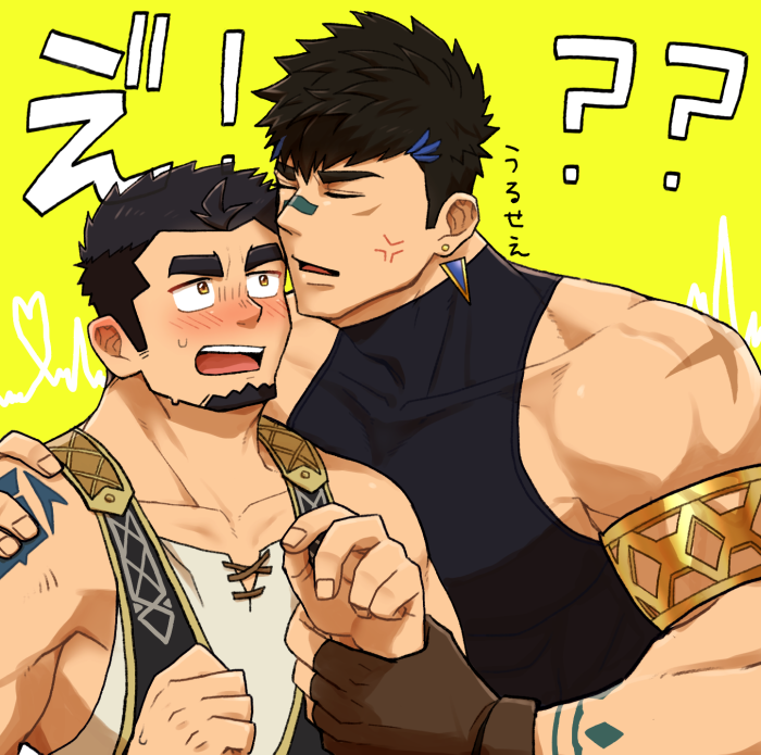 2boys anger_vein arm_tattoo armlet bandaid bandaid_on_face bandaid_on_nose bara black_hair blue_hair blush brown_eyes brown_gloves closed_eyes collarbone crave_saga earrings facial_hair fingerless_gloves gae_bolg_(crave_saga) gloves goatee hand_on_another's_shoulder holding_another's_wrist incoming_kiss jewelry large_pectorals looking_at_another male_focus multicolored_hair multiple_boys muscular muscular_male nattukre open_mouth pectorals protagonist_(crave_saga) scar scar_on_arm scar_on_cheek scar_on_face short_hair skin_tight streaked_hair sweatdrop tattoo thick_eyebrows two-tone_hair yaoi yellow_background