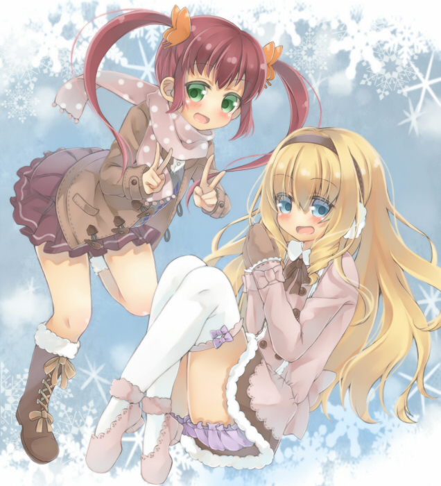 2girls amagi_brilliant_park blonde_hair bloomers blue_eyes blush boots brown_coat brown_footwear brown_mittens brown_ribbon chuujou_shiina coat double_v earmuffs gakincho green_eyes hair_between_eyes latifa_fleuranza long_sleeves looking_at_viewer mittens multiple_girls no_nose open_mouth pink_coat pink_footwear pink_scarf pleated_skirt purple_bloomers red_hair ribbon scarf skirt snowflakes thighhighs twintails v white_thighhighs winter_clothes winter_coat