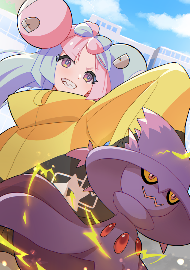 1girl blue_hair blue_sky bow-shaped_hair building character_hair_ornament cloud eyelashes hair_ornament iono_(pokemon) jacket long_hair long_sleeves mismagius mizuiro123 oversized_clothes pink_hair pokemon pokemon_(creature) pokemon_sv sky sleeves_past_fingers sleeves_past_wrists smile teeth wide_sleeves yellow_jacket