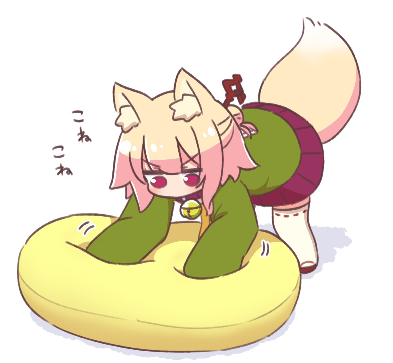 1girl all_fours animal_ear_fluff animal_ears bell blonde_hair collar cushion fox_ears fox_girl fox_tail full_body green_shirt hair_bun highres kemomimi-chan_(naga_u) kneading_(behavior) long_sleeves medium_hair naga_u neck_bell no_mouth original pleated_skirt purple_eyes purple_shirt ribbon-trimmed_thighhighs sandals shadow shirt simple_background single_hair_bun skirt solo tail thighhighs v-shaped_eyebrows white_background white_thighhighs zouri