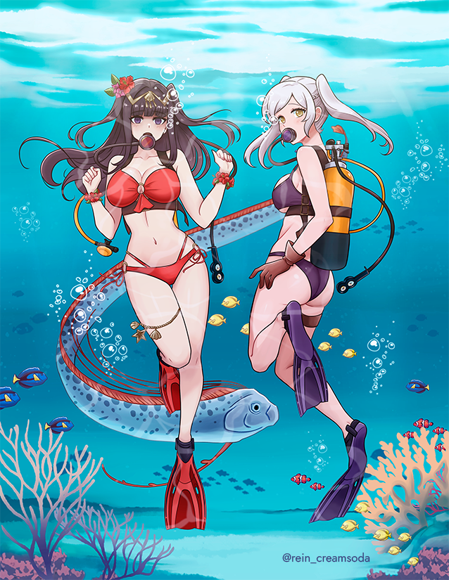 2girls ass bikini black_eyes black_hair blunt_bangs braid breasts brown_gloves bubble circlet cleavage commentary commission english_commentary fire_emblem fire_emblem_awakening fire_emblem_heroes fish flippers flower french_braid full_body gloves hair_flower hair_ornament large_breasts long_hair looking_at_viewer medium_breasts multiple_girls navel official_alternate_costume oxygen_mask oxygen_tank purple_bikini red_bikini red_flower rein_creamsoda robin_(female)_(fire_emblem) robin_(female)_(summer)_(fire_emblem) robin_(fire_emblem) scuba scuba_gear scuba_tank stomach swept_bangs swimsuit tharja_(fire_emblem) tharja_(summer)_(fire_emblem) twintails twitter_username two_side_up underwater water yellow_eyes