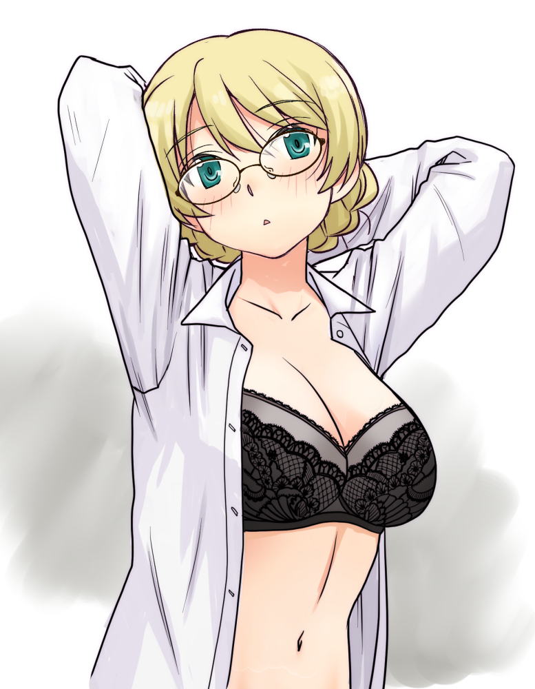 1girl arms_behind_head bespectacled black_bra blonde_hair blue_eyes blush bow bow_bra bra braid breasts cleavage collarbone collared_shirt darjeeling_(girls_und_panzer) girls_und_panzer glasses long_sleeves looking_at_viewer navel open_clothes open_mouth open_shirt parted_lips revision shirt simple_background solo swept_bangs underwear uona_telepin white_shirt