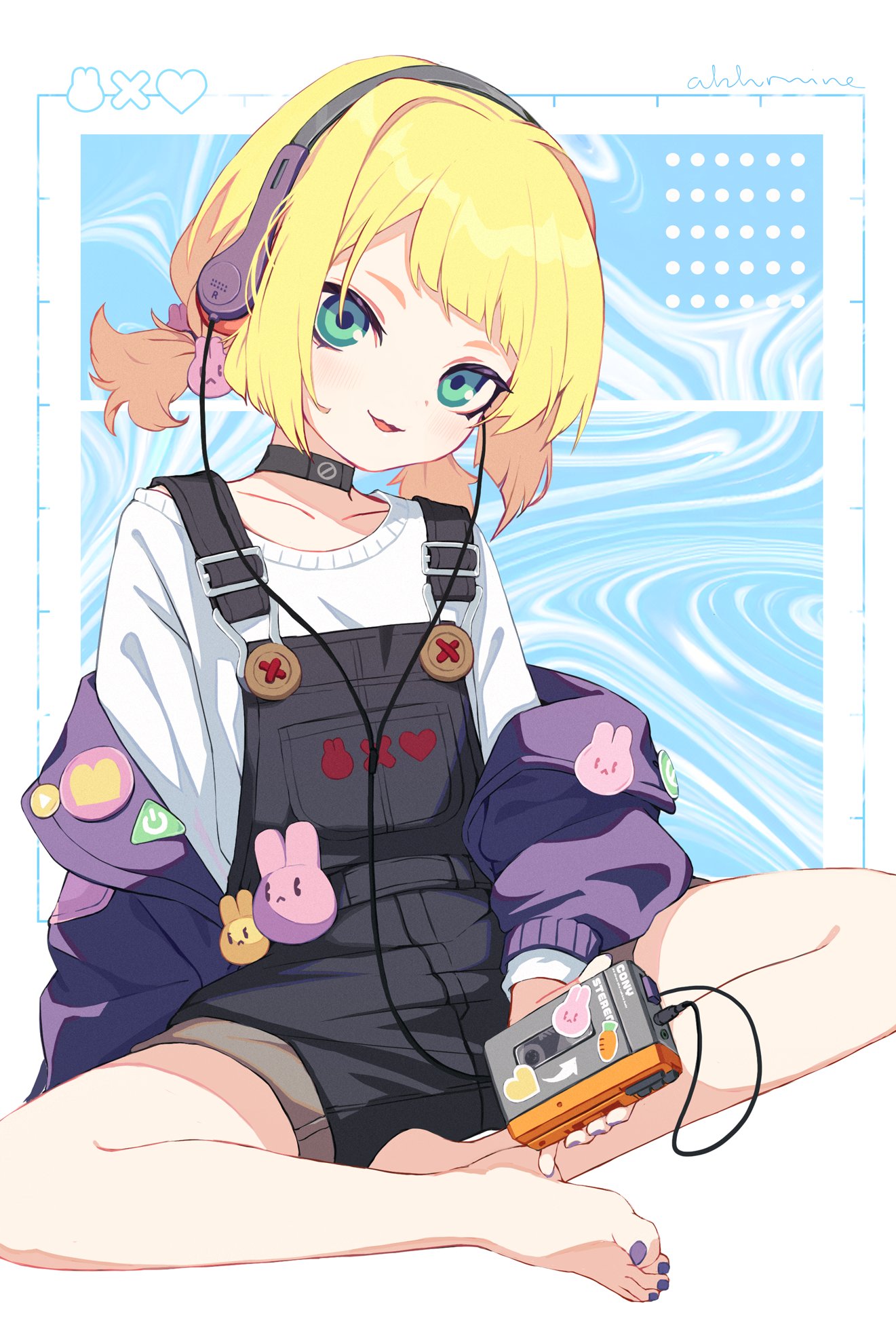 1girl anocco barefoot black_nails black_overalls black_shorts blonde_hair butterfly_sitting choker commentary denim denim_shorts feet green_eyes headphones highres indian_style jacket open_clothes open_jacket original overalls purple_jacket rabbit_ornament short_twintails shorts sitting smile sony thighs toes twintails walkman wavy_background