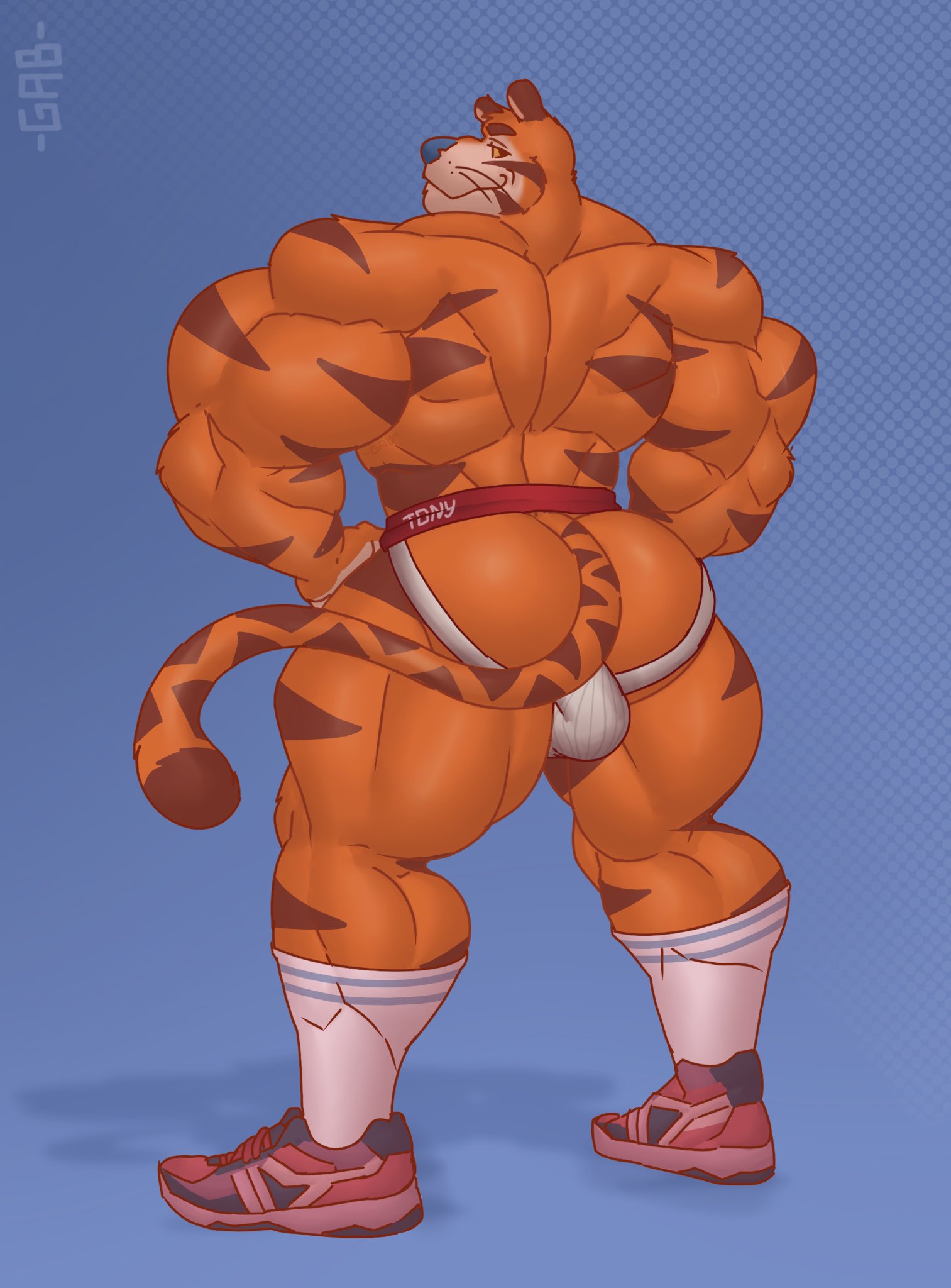 2023 anthro butt clothed clothing felid footwear frosted_flakes gabgbb hi_res jockstrap jockstrap_only kellogg's looking_at_viewer looking_back male mammal mascot muscular muscular_anthro muscular_male pantherine rear_view shoes solo tiger tony_the_tiger topless underwear underwear_only