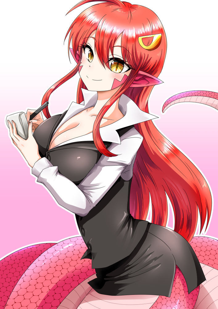 1girl ahoge alternate_costume breasts cleavage collarbone commentary_request dress_shirt hair_ornament hairpin houshi lamia large_breasts long_hair looking_at_viewer miia_(monster_musume) monster_girl monster_musume_no_iru_nichijou office_lady pencil_skirt pointy_ears red_hair scales shirt skirt slit_pupils smile solo tail yellow_eyes