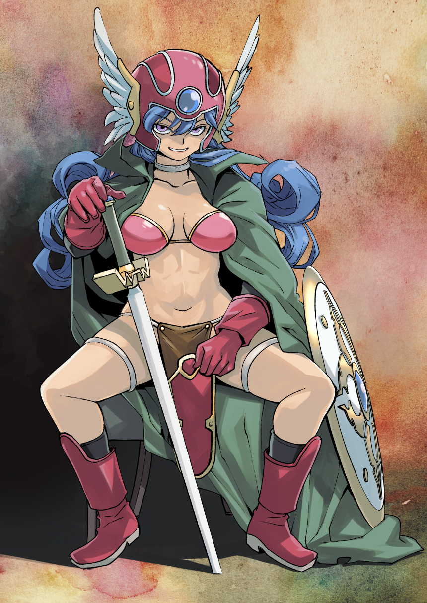 1girl abs aqua_cape armor bikini_armor black_socks blue_hair breasts cape cleavage collarbone curly_hair dragon_quest dragon_quest_iii gloves grin hair_over_one_eye helmet high_collar highres jewelry long_hair medium_breasts muramasa_mikado navel neck_ring pink_armor pink_footwear pink_gloves pink_headwear planted planted_sword purple_eyes shield sitting smile socks soldier_(dq3) solo sword thighlet weapon winged_helmet