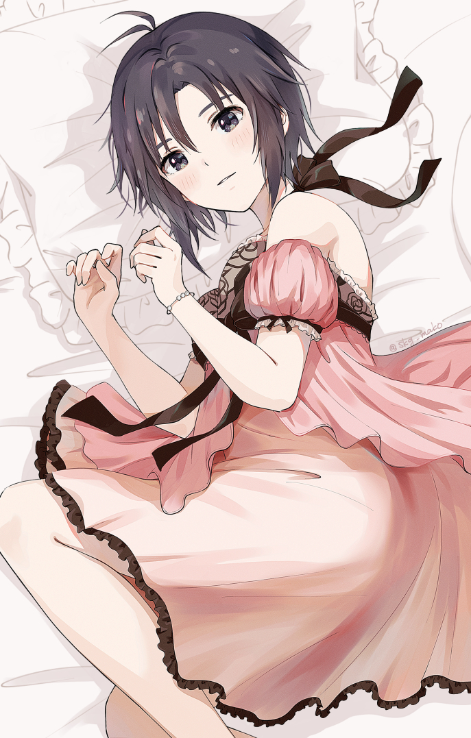 1girl antenna_hair artist_name bare_shoulders bed_sheet black_eyes black_hair black_ribbon blush bracelet check_commentary commentary commentary_request curled_fingers curled_up dress feet_out_of_frame frilled_dress frills from_above hair_between_eyes hands_up idolmaster idolmaster_(classic) idolmaster_2 idolmaster_million_live! idolmaster_million_live!_theater_days jewelry kikuchi_makoto looking_at_viewer looking_up lying mogskg off-shoulder_dress off_shoulder on_side parted_lips pillow pink_dress puffy_short_sleeves puffy_sleeves ribbon short_hair short_sleeves signature solo twitter_username