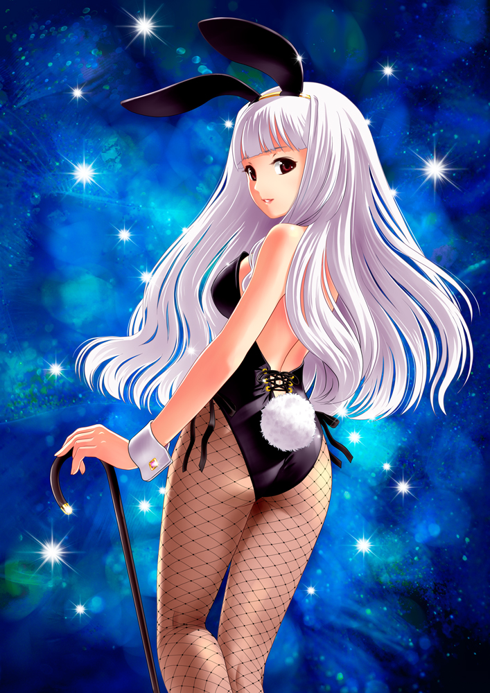 animal_ears ass back bare_shoulders blush breasts bunny_ears bunny_girl bunny_tail bunnysuit cane fake_animal_ears fishnet_pantyhose fishnets idolmaster idolmaster_(classic) long_hair looking_back pantyhose ponnetsu red_eyes shijou_takane silver_hair small_breasts smile solo tail white_hair wrist_cuffs