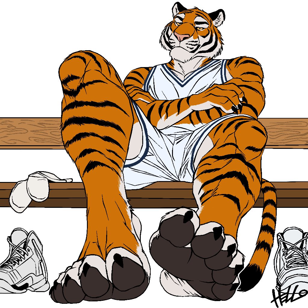 2024 5_toes anthro barefoot basketball_uniform claws clothing feet felid foot_focus footwear fur hell_oart humanoid_feet male mammal orange_body orange_fur pantherine pawpads plantigrade shoes shoes_removed sneakers solo sportswear striped_body striped_fur stripes tiger toe_claws toes uniform