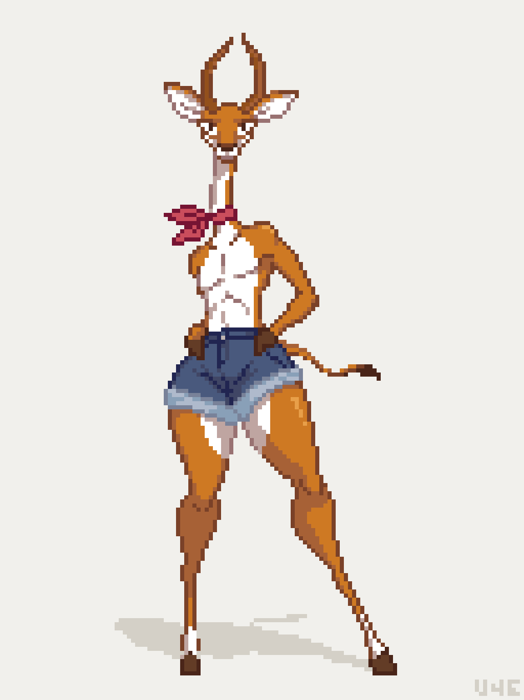 action_pose antelope anthro bottomwear bovid clothing cutoffs denim denim_bottomwear denim_clothing digital_media_(artwork) ed_(u4e) gerenuk girly handkerchief hands_on_hips hi_res hooved_hands hooves horn kerchief looking_at_viewer male mammal pixel_(artwork) pose shorts solo tail thick_thighs tight_clothing true_antelope u4e