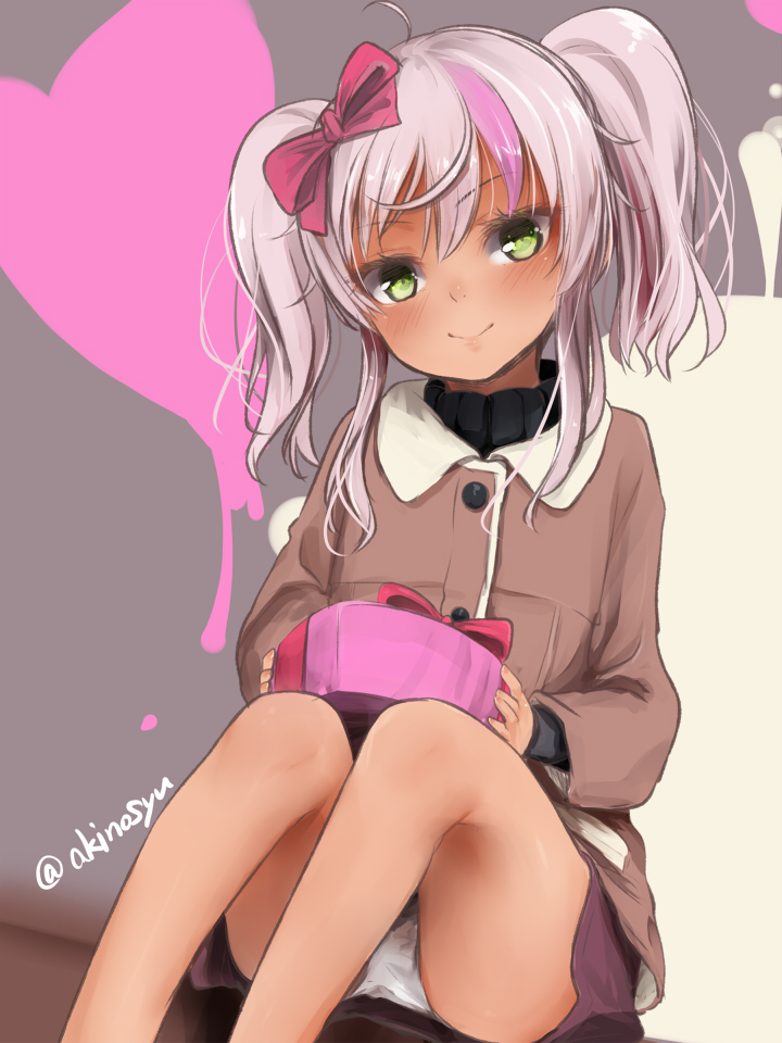 1girl akino_shuu ass blush box brown_jacket buttons closed_mouth comandante_cappellini_(kancolle) feet_out_of_frame gift gift_box green_eyes grey_hair hair_between_eyes heart holding holding_gift jacket kantai_collection long_hair long_sleeves looking_at_viewer official_alternate_costume panties smile solo twintails twitter_username underwear white_panties