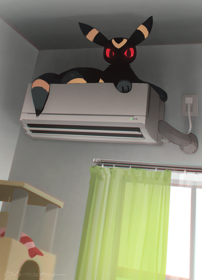 air_conditioner creature curtains english_commentary full_body glowing glowing_eyes indoors looking_at_viewer nagasaki_wonderful no_humans plug pokemon pokemon_(creature) red_eyes sitting solo umbreon window