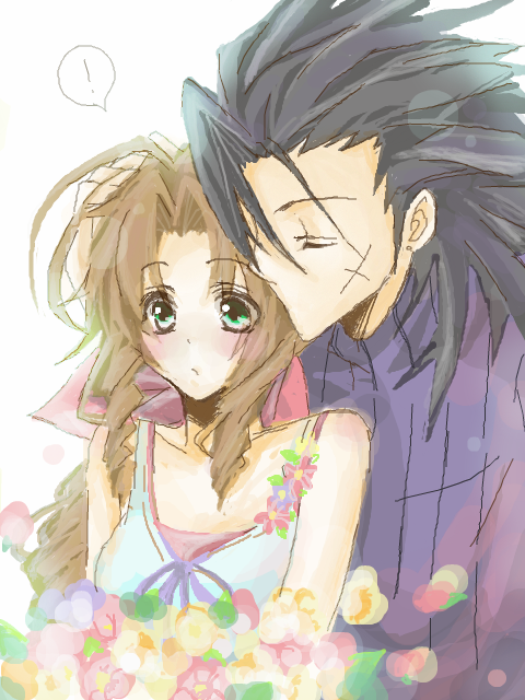 ! 1boy 1girl :o aerith_gainsborough ahoge black_hair blush bouquet brown_hair closed_eyes coco1017 couple crisis_core_final_fantasy_vii cross_scar curly_hair dress earrings final_fantasy final_fantasy_vii flower green_eyes hair_ribbon hair_slicked_back hand_on_another's_head hand_up hetero holding holding_bouquet jewelry kiss kissing_cheek long_hair open_mouth parted_bangs pink_flower pink_ribbon ponytail purple_flower purple_sweater ribbon scar scar_on_cheek scar_on_face simple_background spiked_hair stud_earrings surprised sweater tegaki turtleneck turtleneck_sweater upper_body white_background white_dress yellow_flower zack_fair