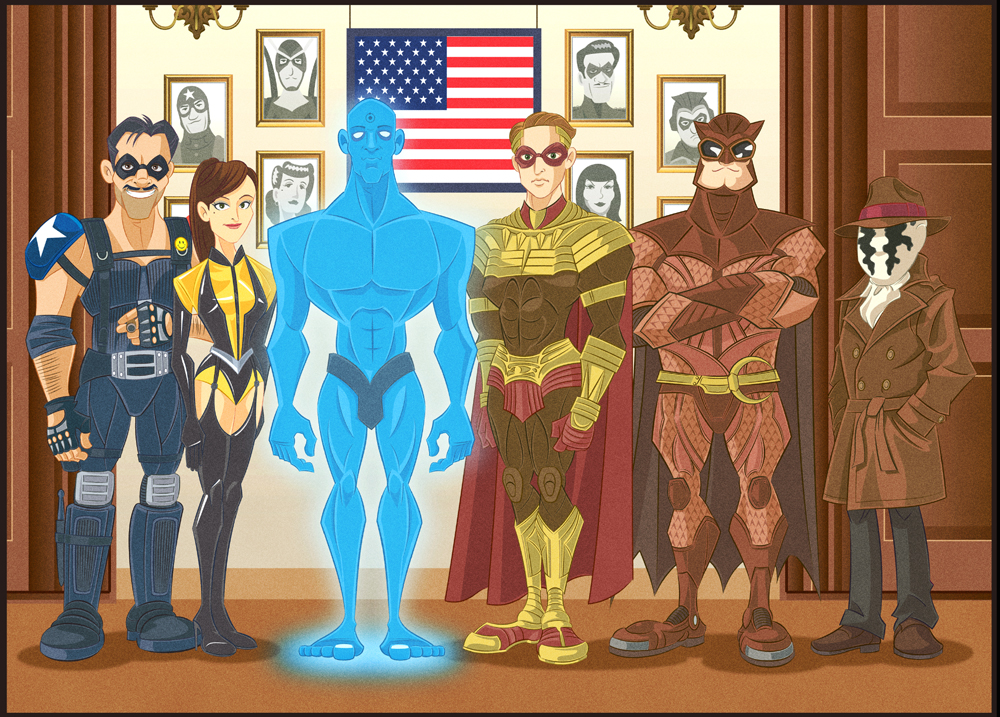 5boys armor batayan belt black_hair blonde_hair breasts brown_hair buttons cape cigar cravat crossed_arms dr._manhattan everyone fedora flag garter_straps grin hands_in_pockets hat height_difference lineup lips looking_at_viewer mask medium_breasts multiple_boys muscle nite_owl ozymandias pants parody photo_(object) ponytail rorschach scarf serious shirtless shoes silk_spectre smile smiley_face standing style_parody the_comedian thighhighs trench_coat watchmen