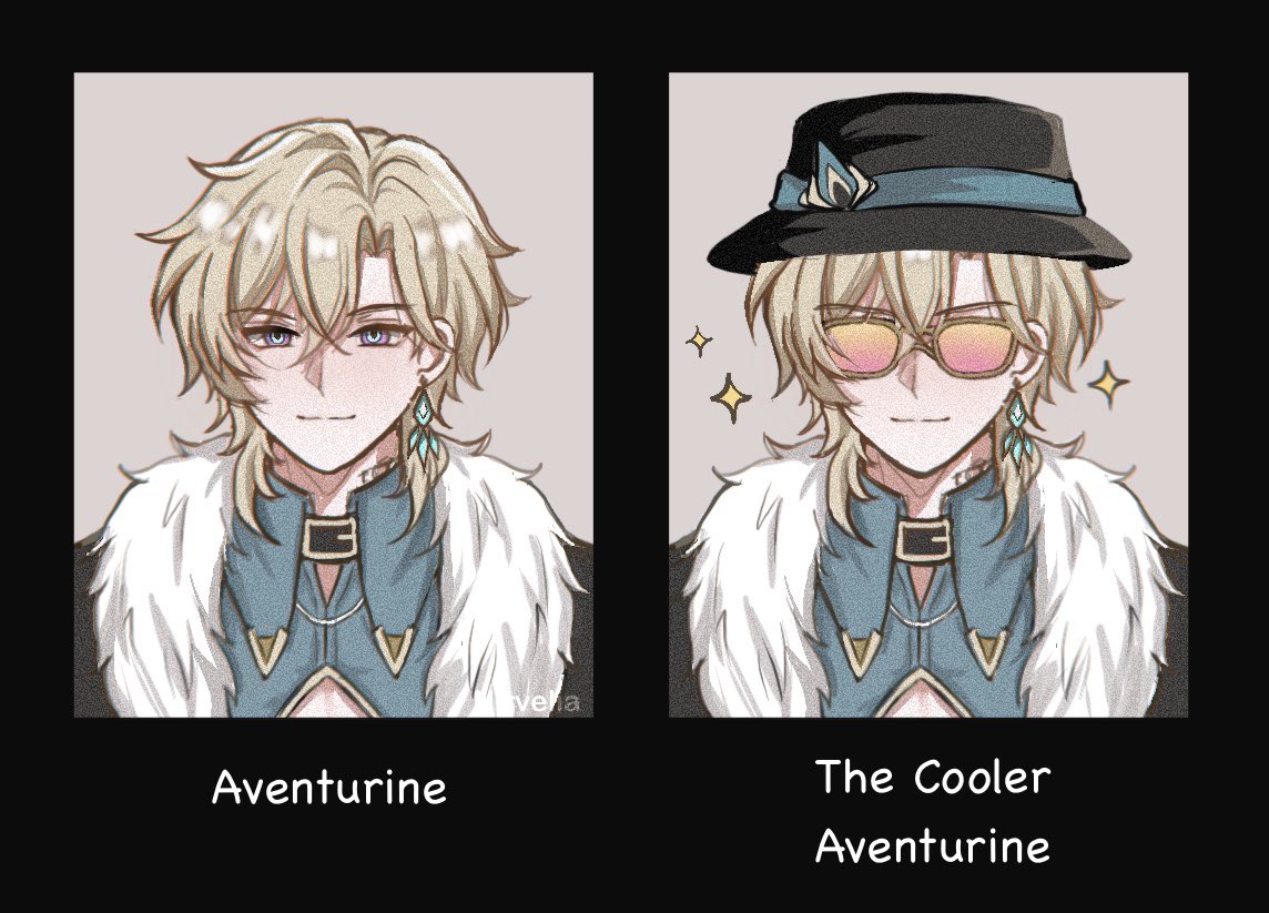 1boy aqua_shirt aventurine_(honkai:_star_rail) black_collar black_hat black_jacket blonde_hair character_name cleavage_cutout closed_mouth clothing_cutout collar collared_shirt commentary crossed_bangs earrings english_commentary fedora fur-trimmed_jacket fur_trim glasses hair_between_eyes hat honkai:_star_rail honkai_(series) jacket jewelry looking_at_viewer male_focus meme multiple_views neck_tattoo nirvelia parted_bangs pink-tinted_eyewear purple_eyes shirt short_hair single_earring smile sparkle split_mouth tattoo the_cooler_daniel_(meme) tinted_eyewear upper_body wing_collar