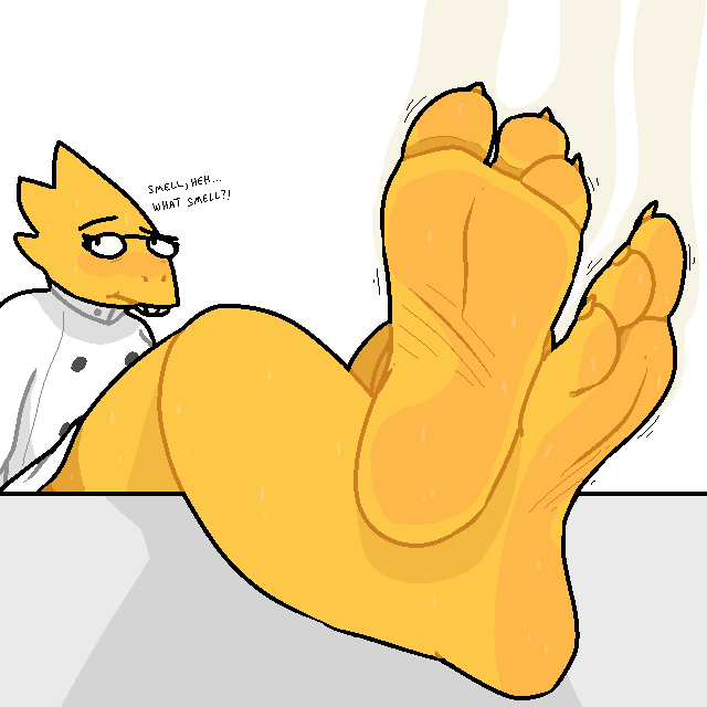 1:1 2024 3_toes alphys anthro barefoot bodily_fluids claws crossed_legs dialogue embarrassed english_text eyewear feet female foot_focus glasses looking_away reptile scales scalie simple_background smelly smelly_feet soles solo stink_fumes stink_lines sweat sweaty_feet text toe_claws toe_wiggle toes undertale_(series) white_background yellow_body yellow_scales zalbox34