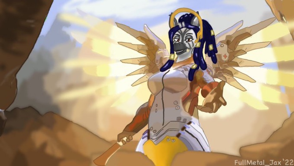 anthro blizzard_entertainment braided_hair breasts draw_over equid equine extended_hand female fullmetaljax grinning_at_viewer hair humanoid mammal mercy_(overwatch) overwatch slightly_chubby solo watermark wings zebra