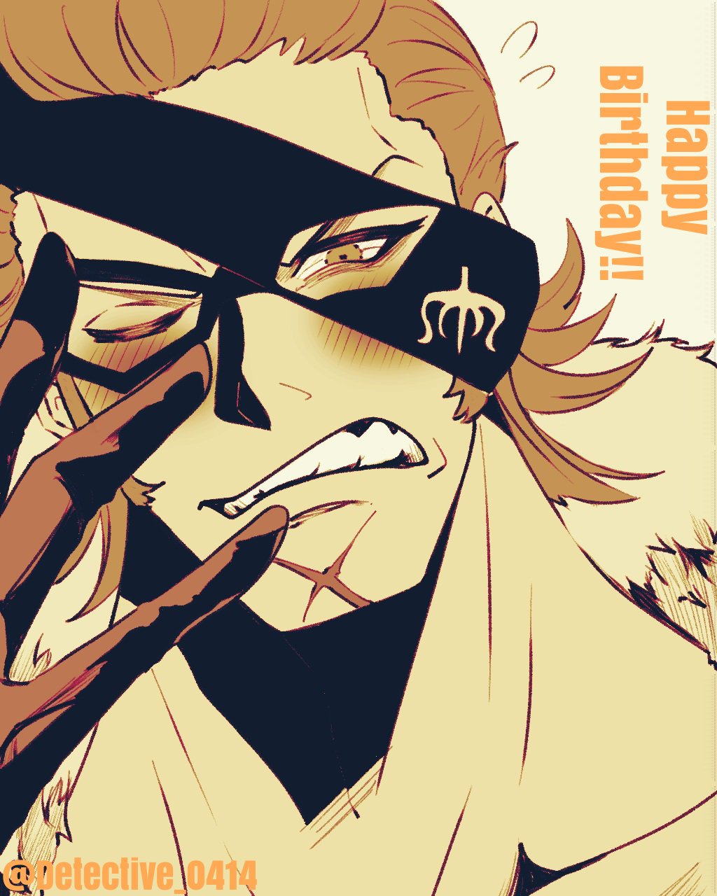 1boy blush close-up commentary_request detective_0414 eye_mask fur_collar gloves happy_birthday highres looking_at_viewer male_focus neck one_eye_closed one_piece orange_theme scar scar_on_face short_hair sideburns simple_background solo sweatdrop twitter_username x_drake