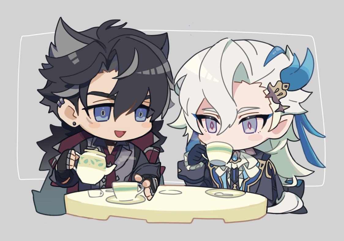 2boys :d ascot asymmetrical_bangs black_bow black_coat black_gloves black_hair black_shirt blue_coat blue_eyeliner blue_eyes blue_hair blush blush_stickers bow brooch chibi coat coat_on_shoulders collared_shirt commentary_request cup drinking ear_piercing earrings eyeliner fingerless_gloves frilled_sleeves frills fur-trimmed_coat fur_trim genshin_impact gloves grey_background grey_hair grey_vest hair_between_eyes hair_bow hair_ornament hand_up holding holding_cup holding_teapot jewelry lapels long_hair long_sleeves looking_at_another low-tied_long_hair makeup male_focus multicolored_hair multiple_boys necktie neuvillette_(genshin_impact) open_mouth parted_bangs piercing plate pointy_ears purple_eyes red_necktie round_table saucer scar scar_on_cheek scar_on_face shirt short_hair short_sleeves simple_background sitting sleeve_cuffs smile spoon steam streaked_hair stud_earrings sumomoi_(dvcat) table teacup teapot two-sided_coat two-sided_fabric vest white_ascot white_hair wriothesley_(genshin_impact)