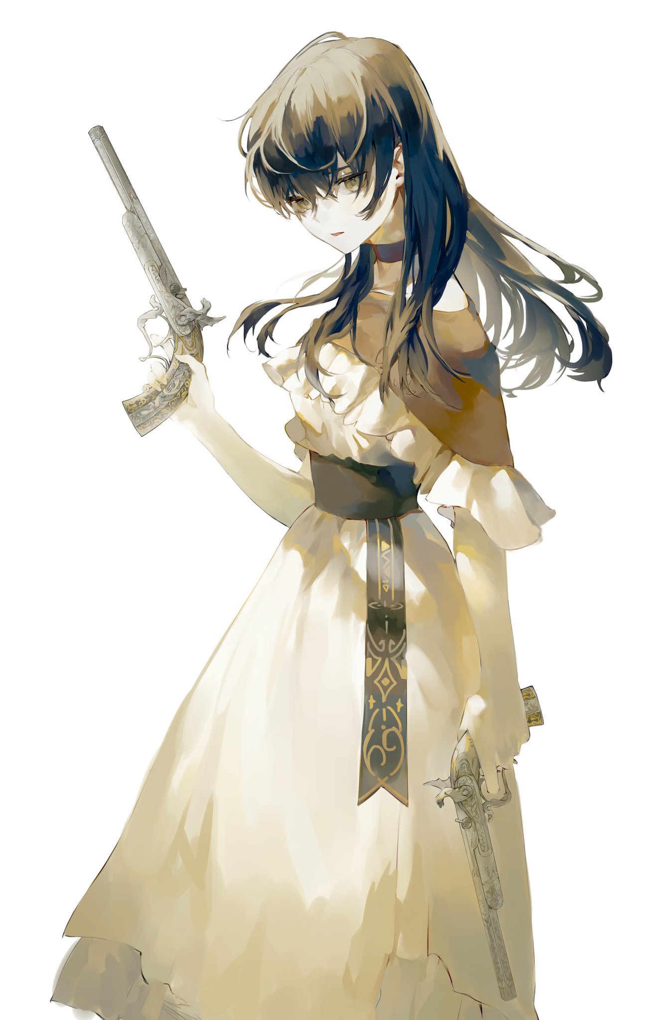 1girl black_choker black_hair choker commentary_request dress dual_wielding eunz frills gun handgun highres holding holding_gun holding_weapon korean_commentary long_hair looking_at_viewer original parted_lips revolver simple_background solo trigger_discipline weapon white_background white_dress