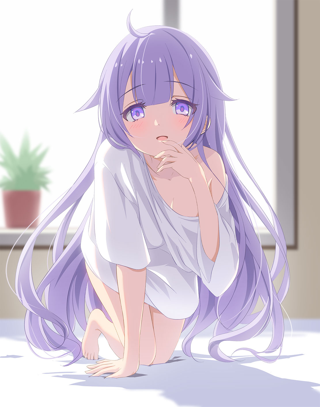 1girl :d ahoge all_fours azur_lane barefoot blurry blurry_background commission day depth_of_field hair_flaps highres indoors long_hair long_sleeves looking_at_viewer off_shoulder plant potted_plant purple_eyes purple_hair shirt skeb_commission smile solo sukireto sunlight unicorn_(azur_lane) very_long_hair white_shirt wide_sleeves window