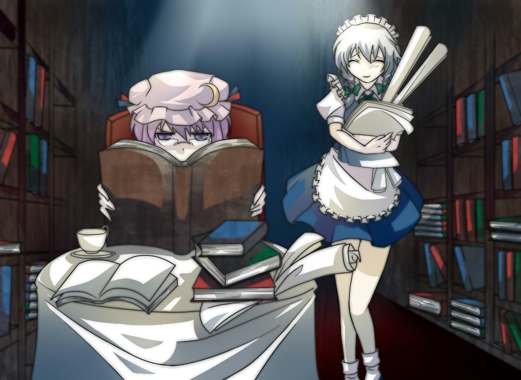 2girls apron book bookshelf bow braid closed_eyes closed_mouth commentary_request crescent crescent_hat_ornament cup glasses green_bow grey_hair hair_bow hal_(goshujinomocha) hat hat_ornament holding holding_book holding_paper izayoi_sakuya maid maid_apron maid_headdress mob_cap multiple_girls on_chair open_book paper patchouli_knowledge pile_of_books plate purple_eyes purple_hair reading short_hair sitting smile table teacup touhou twin_braids waist_apron