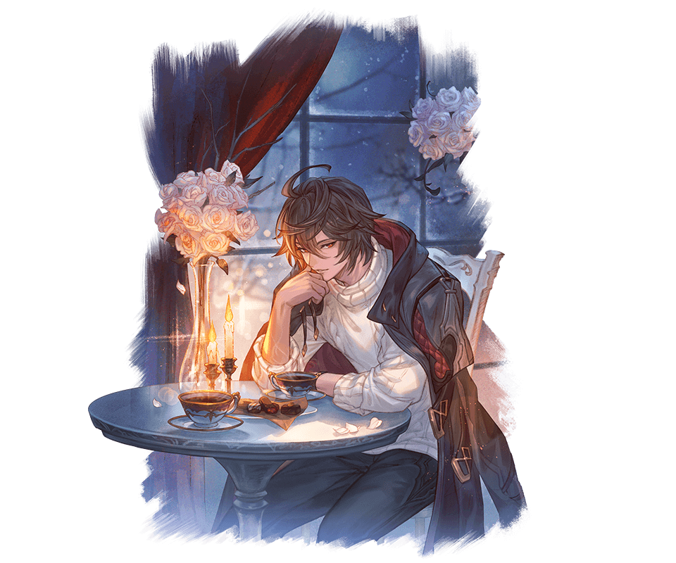 1boy ahoge bishounen black_pants brown_hair candle candlelight candlestand chocolate coffee coffee_cup cowboy_shot cup curtains disposable_cup falling_petals flower granblue_fantasy hair_between_eyes hand_to_own_mouth head_on_hand jacket jacket_on_shoulders light_particles light_smile looking_at_viewer minaba_hideo official_art on_chair open_clothes open_jacket pants petals red_eyes rose rose_petals sandalphon_(granblue_fantasy) sitting snowing solo_focus sweater turtleneck turtleneck_sweater valentine vase white_flower white_petals white_rose white_sweater