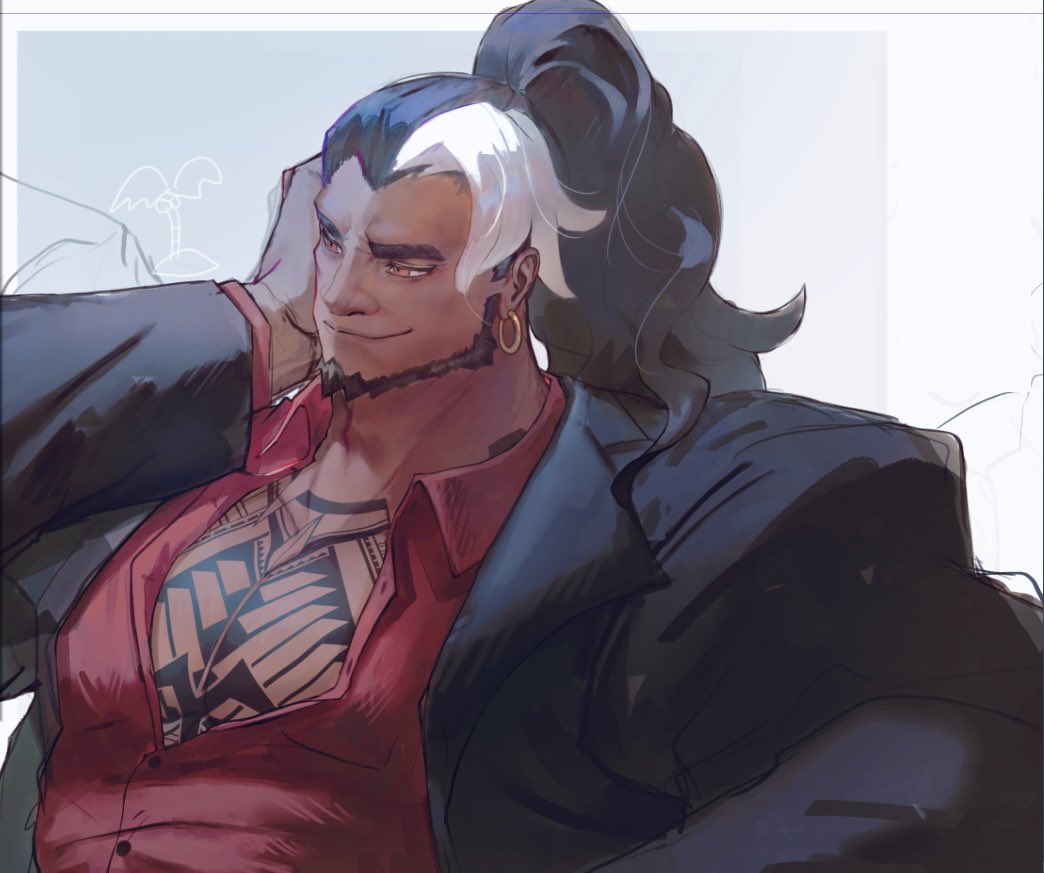 1boy beard black_hair black_suit brown_eyes chest_tattoo dress_shirt earrings facial_hair jewelry kakitesaikou mauga_(overwatch) overwatch overwatch_2 pectorals ponytail red_shirt shirt suit tattoo white_hair