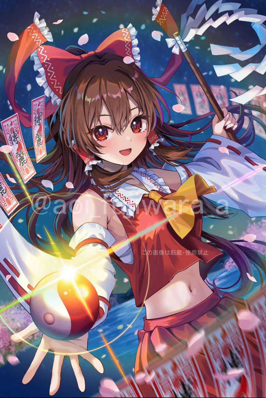 1girl bare_shoulders blush bow brown_hair detached_sleeves fujiwara_aoi gohei hair_between_eyes hair_bow hair_tubes hakurei_reimu highres holding holding_gohei japanese_clothes long_hair looking_at_viewer navel nontraditional_miko ofuda open_mouth orb pleated_skirt red_bow red_eyes red_skirt ribbon-trimmed_sleeves ribbon_trim sidelocks skirt smile solo touhou twitter_username watermark white_sleeves wide_sleeves yin_yang yin_yang_orb