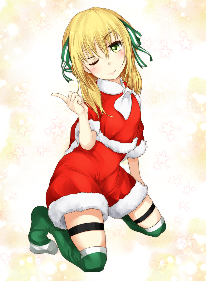1girl black_straps blonde_hair blush christmas closed_mouth commentary_request estelle_rosenthal fur-trimmed_shorts fur_trim green_eyes green_thighhighs hair_between_eyes hand_up head_tilt kneeling long_bangs long_hair looking_at_viewer one_eye_closed red_shorts santa_costume shin_(highest1192) shorts smile solo star_(symbol) starry_background thigh_strap thighhighs toaru_kagaku_no_accelerator toaru_majutsu_no_index