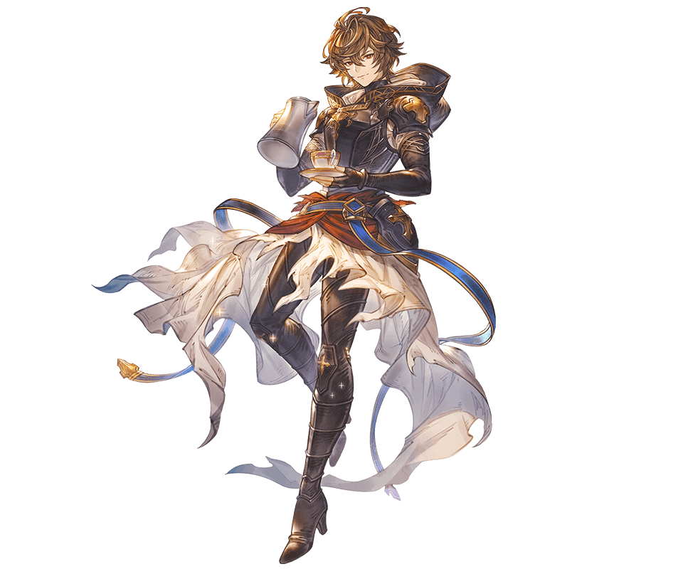 1boy ahoge armor belt bishounen boots breastplate brown_hair cape coffee_cup cup disposable_cup fingerless_gloves floating_clothes full_body gloves granblue_fantasy hair_between_eyes high_heel_boots high_heels holding holding_kettle hood hood_down kettle leg_up light_smile looking_at_viewer minaba_hideo official_art red_eyes sandalphon_(granblue_fantasy) tachi-e white_cape