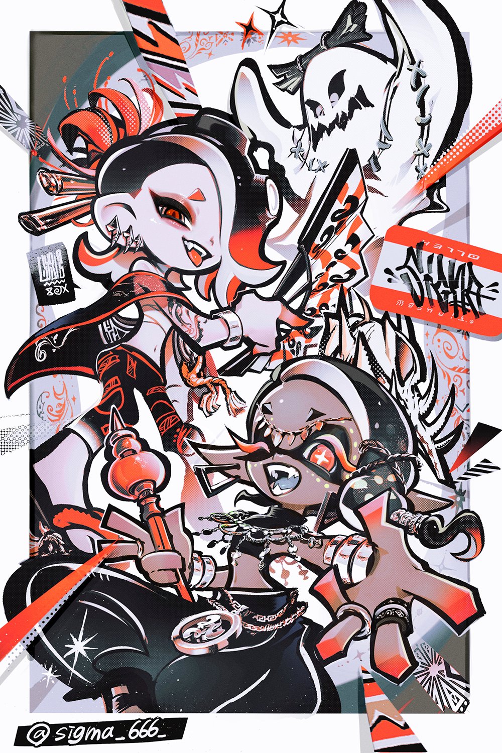 1boy 2girls arm_tattoo arms_up artist_name big_man_(splatoon) black_hair black_leggings black_pants black_shawl border bracelet chest_sarashi circlet colored_eyelashes dark-skinned_female dark_skin eyeshadow fangs flower frye_(splatoon) ghost_costume hair_flower hair_ornament hair_over_one_eye halftone halloween_costume hand_fan harem_pants highres holding holding_fan holding_staff inkling jewelry leggings makeup medium_hair midriff multicolored_hair multiple_bracelets multiple_girls multiple_rings navel necklace octoling official_alternate_costume one_eye_closed one_eye_covered open_mouth outside_border pants pointy_ears red_eyes red_eyeshadow red_flower red_hair ring sarashi shawl shell_hair_ornament shiver_(splatoon) single_hair_tube sparkle spider_lily splatoon_(series) splatoon_3 staff star-shaped_pupils star_(symbol) suction_cups surimi_special symbol-shaped_pupils tattoo tentacle_hair tongue tongue_out tooth_earrings two-tone_hair white_border x_hair_ornament