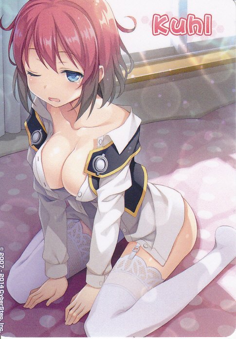 1girl artist_request bed bed_sheet blue_eyes bottomless breasts character_name cleavage copyright_name cosmic_break indoors kuhl large_breasts looking_at_viewer messy_hair official_art one_eye_closed open_clothes open_shirt red_hair shirt short_hair sitting spread_legs thighhighs third-party_source waking_up wariza white_shirt window yawning