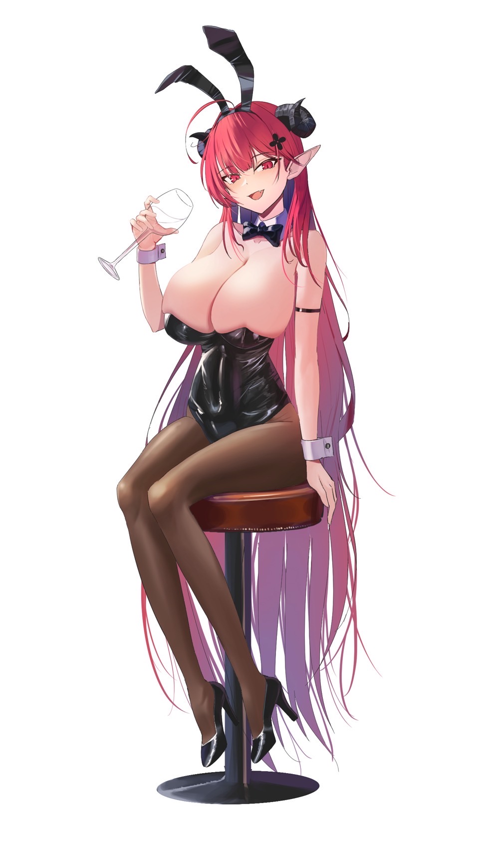 1girl animal_ear_hairband animal_ears arm_strap azur_lane bar_stool bare_shoulders black_bow black_bowtie black_footwear black_horns black_leotard bow bowtie breasts brown_pantyhose cleavage commentary cup curled_horns detached_collar fake_animal_ears fang full_body hairband high_heels highres hindenburg_(azur_lane) hindenburg_(delirious_duel)_(azur_lane) holding holding_cup horns huge_breasts leotard lom_(lom_lom_8) long_hair looking_at_viewer official_alternate_costume open_mouth pantyhose playboy_bunny pointy_ears rabbit_ear_hairband rabbit_ears red_eyes red_hair shoes simple_background sitting skin_fang solo stool strapless strapless_leotard traditional_bowtie undersized_breast_cup very_long_hair white_background white_wrist_cuffs wrist_cuffs