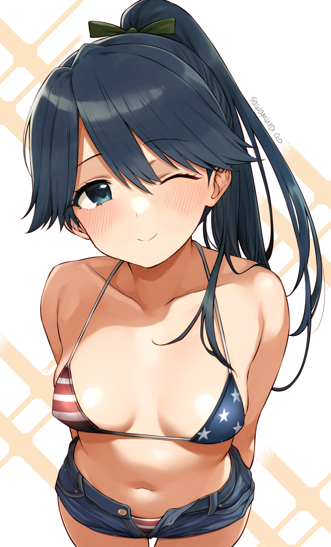 1girl ;) alternate_costume american_flag_bikini arms_behind_back bikini black_hair blue_eyes breasts breasts_apart collarbone commentary_request denim denim_shorts flag_print hair_between_eyes houshou_(kancolle) kantai_collection long_hair looking_at_viewer medium_breasts navel one_eye_closed open_clothes open_shorts ponytail sawamura_aoi shorts simple_background smile solo swimsuit twitter_username